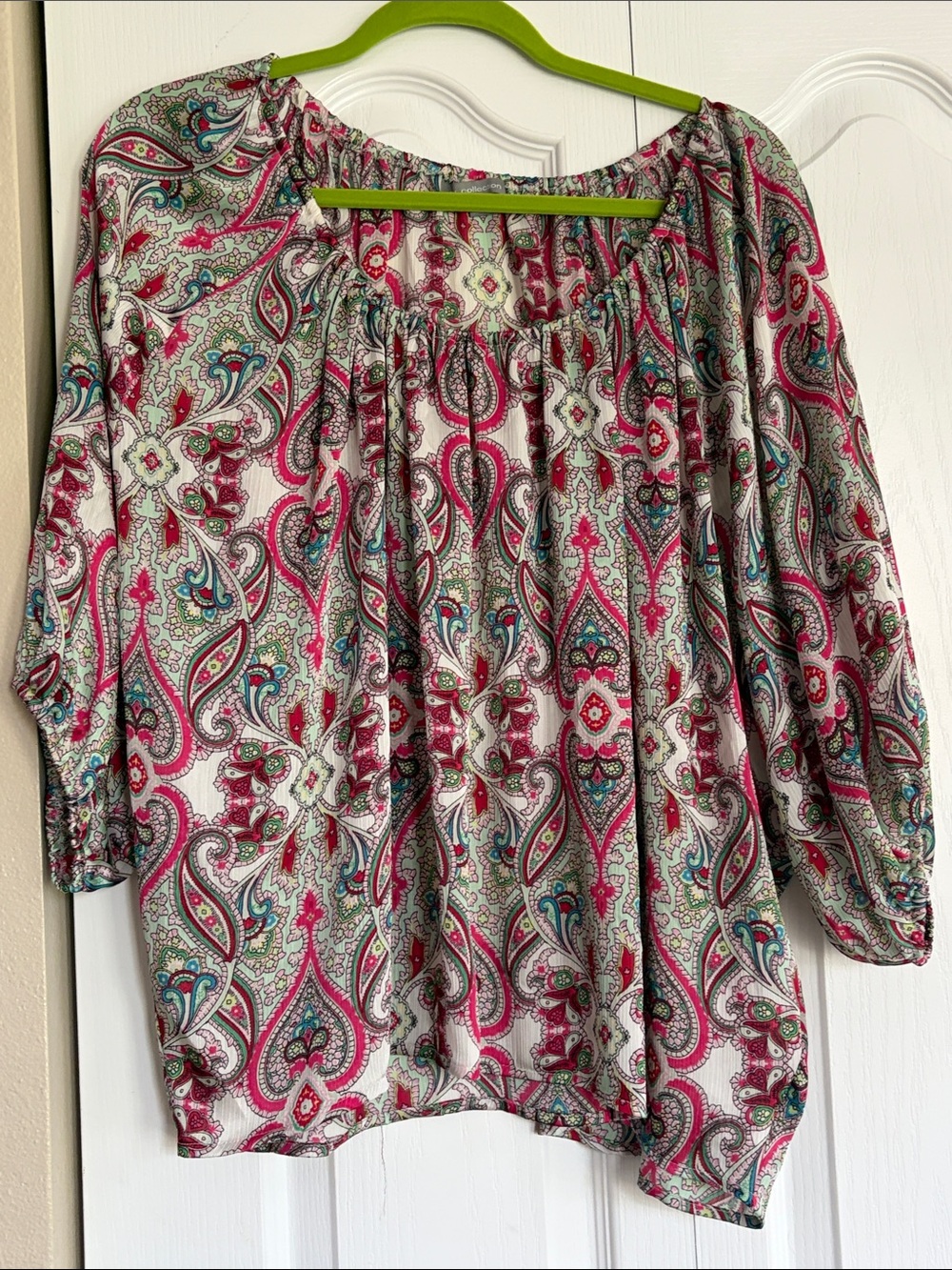 NY Collection Pink Paisley Blouse with Teal and Cream Details